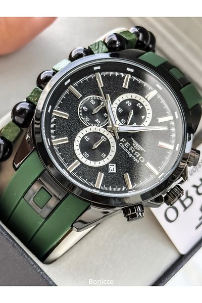 FERRO Sport Men's Watch, Active Functions, Green Silicone, with Calendar, Bracelet Gift