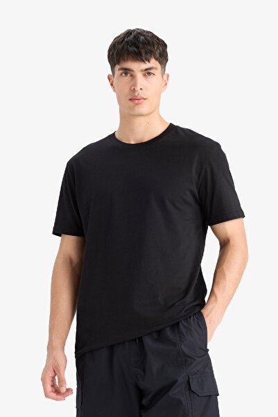 DeFacto 100% bavlna Nové tričko Regular Fit Crew Neck Basic Plain Krátký rukáv Černé tričko V7699az25sp