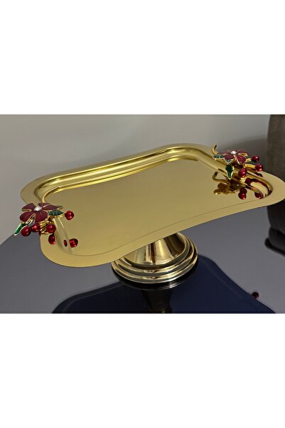 Elzemm store GOLD RENK İTALYAN TEPSİLİ KIRMIZI ÇİÇEKLİ AYAKLI KEK KURABİYE TATLI STANDI