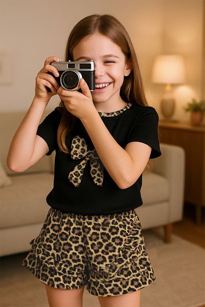 HÇM Girl's Shorts Skirt Suit Leopard Printed Frill B1