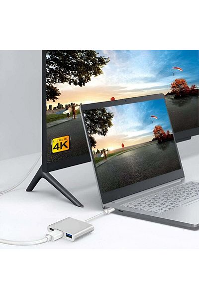 Velixo Hub USB-C 3 în 1, USB 3.1, HDMI 4K, Plug & Play, 10 Gbps, Dock pentru laptop/tabletă, aluminiu, gri
