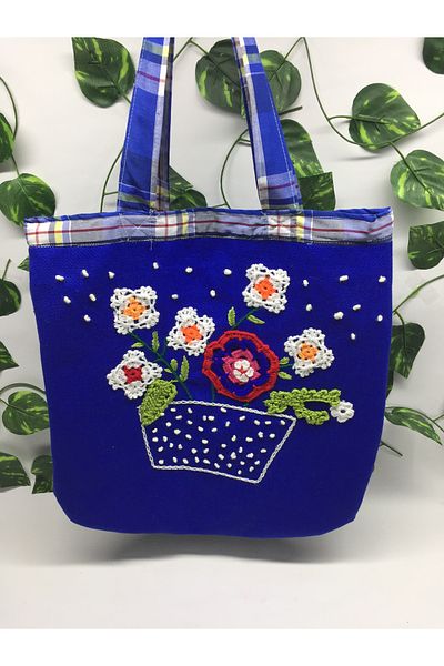 borandtm Geantă de umăr din pânză albastră cu broderie florală