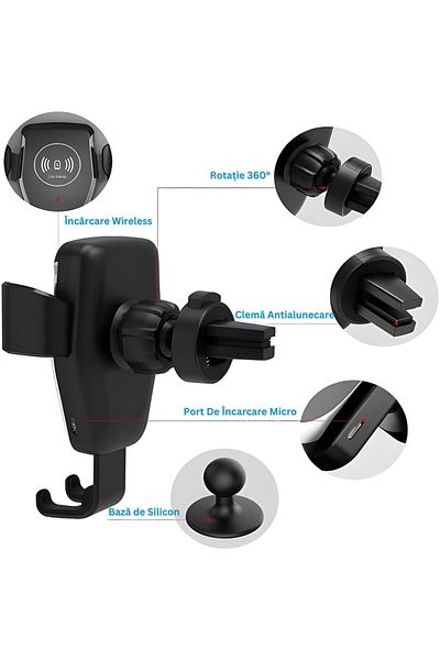 Velixo Car Phone Holder with Wireless Charging, Air Vent Mount, 360° Rotation, USB Cable, Universal Fit