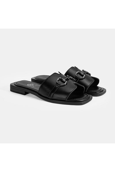 Desa Women's Black Leather Slippers with Metal Buckle Accessories