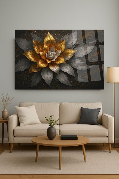 TAULART НЕЧУПЕЩА СТЪКЛЕНА МАСА LOTUS СЪС ЗЛАТНИ КАПКИ, ДЕТАЙЛИ LOTUS, МОДЕРНА МАСА, ПОДАРЪК ЗА ДОМА