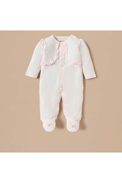 giggles Embroidered Closed Foot Sleepsuit with Ruffle Detail and Long Sleeves