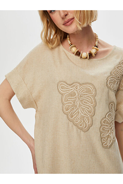 Faik Sönmez Kadın Yaprak Nakış Detaylı File Garnili Keten Karışımlı Elbise