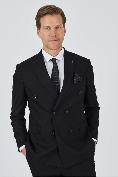 İmza Siyah Kılıç Yaka Düz Kruvaze Classic Esnek Slim Fit Takım Elbise 1001250172