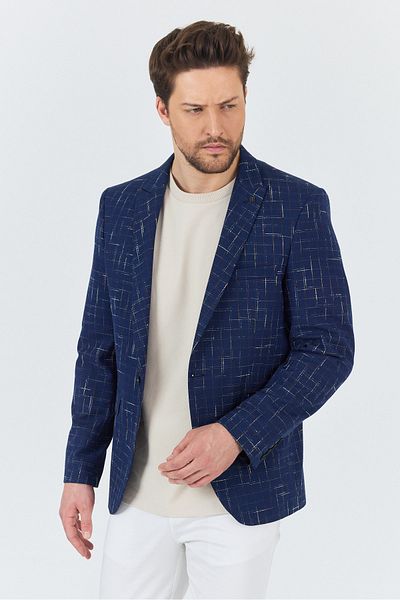 Frappoli Modero Men's Navy Blue-Mustard Plaid Checked Polyester Fabric Slim Fit Slim Fit Sports Blazer Jacket