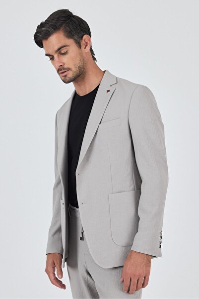 İmza Taş Rengi Mono Yaka Kendinden Desenli 2 Düğme Casual Esnek Slim Fit Takım Elbise 1001250174