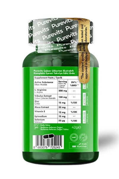 Purevits Tribulus Formen Complex Two Factor 60 Adet Vegan Kapsül