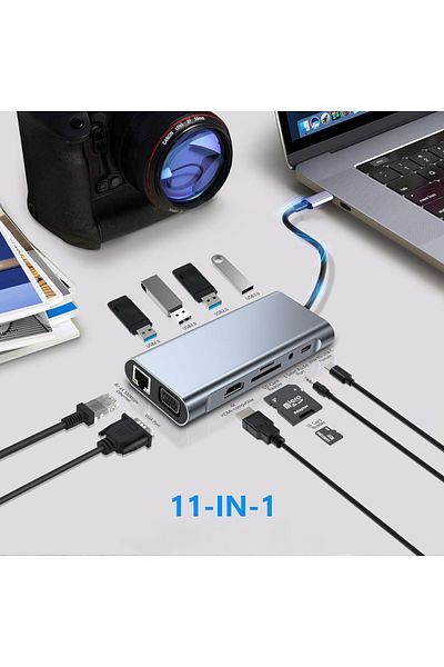 Velixo Hub USB-C 11 în 1, 2xHDMI 4K, USB-A 3.1, USB-C, RJ45, SD/TF, 87W PD, Dock pentru Laptop/MacBook, Gri