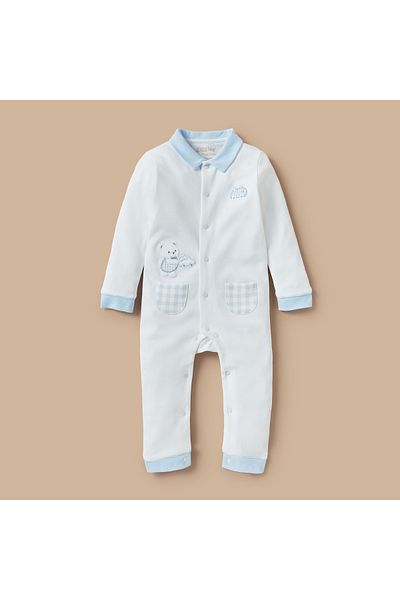 giggles Bear Applique Sleepsuit with Long Sleeves and Button Closure