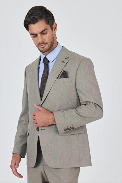 İmza Koyu Bej Mono Yaka Astarlı Çift Yırtmaç Esnek 4 Drop Comfort Fit Classic Takım Elbise 1001250160