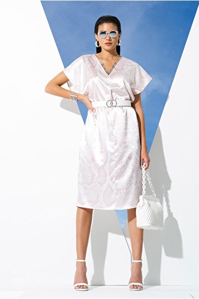 FOR YOU MODA V-Neck Snake Pattern Belted Pink Satin Dressing Gown Dress