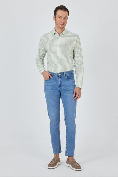 İmza Mavi Gabardin 5 Cep Düz Paça Casual Slim Fit Pamuklu Denim Pantolon 1023...