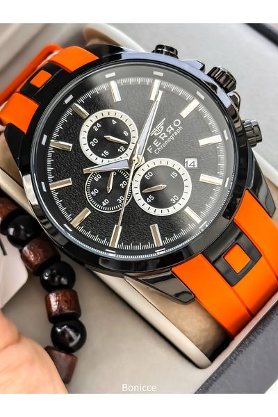 FERRO Sports Men's Watch, Active Functions, Orange Silicone, Calendar, Bracelet Gift