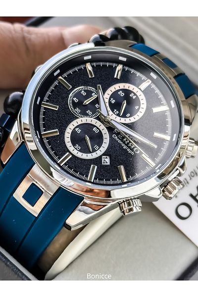 FERRO Sports Men's Watch, Active Functions, Navy Blue Silicone, with Calendar, Bracelet Gift