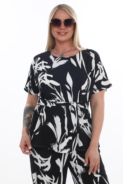 etselements White Patterned Crew Neck Belted % Cotton Blouse Trouser Suit 4050 Black