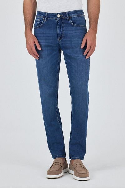İmza Navy Blue Gabardine 5 τσέπες ίσιο πόδι Casual Slim Fit βαμβακερό τζιν παντελόνι 1023250156