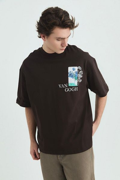 fame-stoned Μπλουζάκι με στάμπα Vincent Van Gogh, Κεντημένο Unisex 100% βαμβακερό καφέ