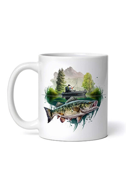 OEM Cană albă personalizată, Pescar în barcă pe lac, INOVATIX®. 330ml