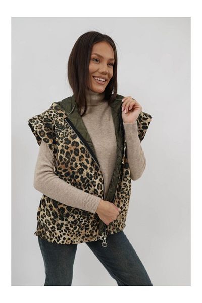 CHANGE OFF Oversized Quilted Short Vest With Pockets Animal Print Riza Single Waist Khaki