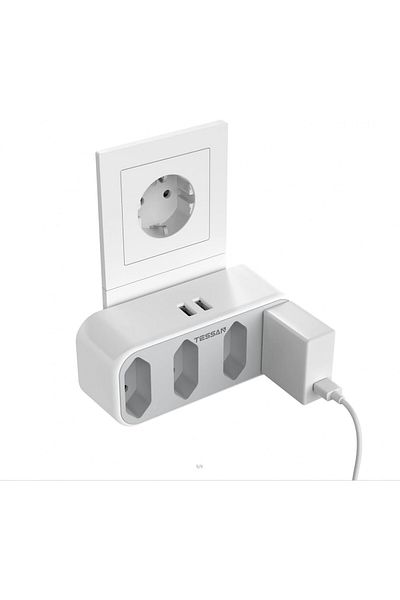 TESSAN European Wall Socket, With 4 Flat Sockets And 2 Usb Ports, Abs, White, 12.3 X 5.5 X 7.8 Cm