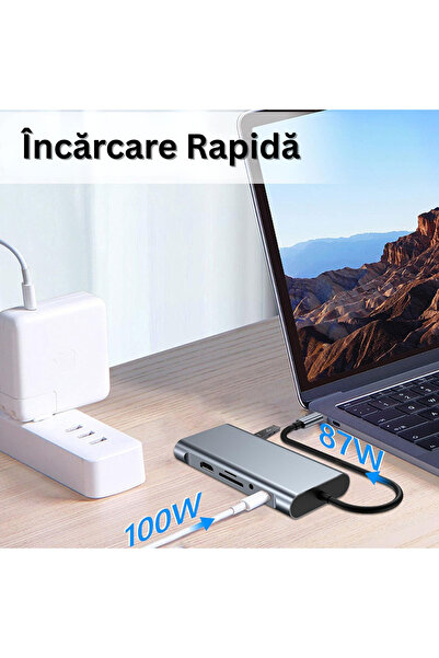 Velixo Hub USB-C 11 în 1, 2xHDMI 4K, USB-A 3.1, USB-C, RJ45, SD/TF, 87W PD, Dock pentru Laptop/MacBook, Gri
