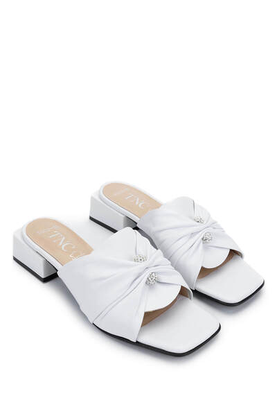 Tamer Tanca Women's Genuine Leather White Heeled Slippers