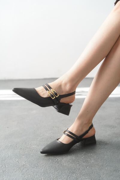 MODAADAM Kadın Gray Tokalı Kısa Topuk Ayakkabı - siyah-deri