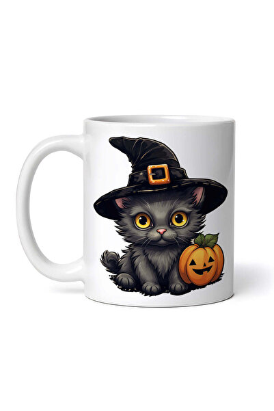 OEM Cană albă personalizată, Halloween, pisică neagră cu pălărie de vrăjitoar...