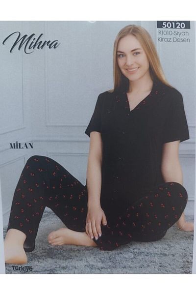 Mihra MİHRA 330-05-25 Set pijamale din bumbac cu mânecă scurtă, cu nasturi în față, 50120 SM-L-XL 2XL