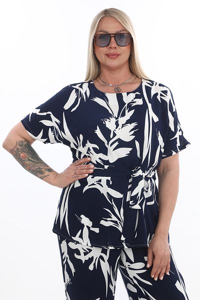 etselements White Patterned Crew Neck Belted % Cotton Blouse Trouser Suit 4050 Navy Blue
