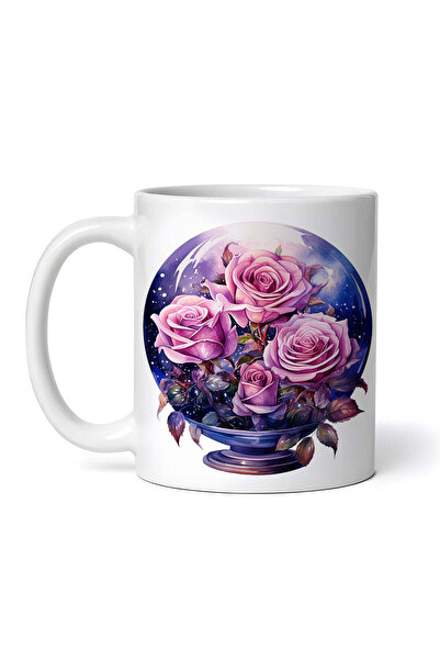 OEM Cană albă personalizată, glob de cristal albastru cu trandafiri roz, INOVATIX®. 330ml