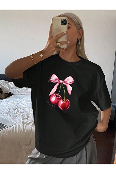 DAXİS Sportwear Company Tricou pentru damă, cu imprimeu de cireșe, cu gâtul t...