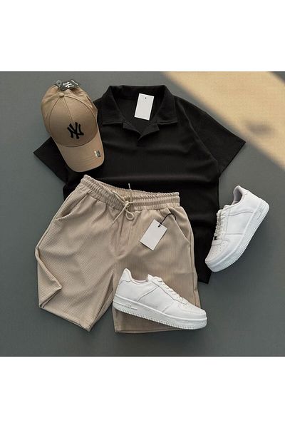 WEARTEX Ribbed Ottoman Fabric Polo Neck Unisex T-Shirt and Shorts Set