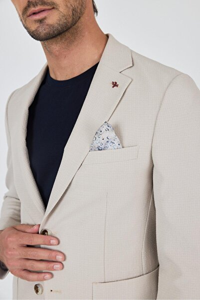 İmza Bej Mono Yaka Kendinden Desenli 2 Düğme Casual Esnek Slim Fit Takım Elbise 1001250174