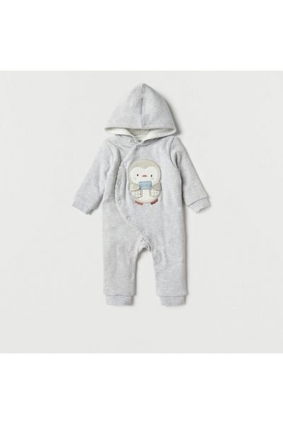 Juniors Penguin Embroidery Hooded Sleepsuit with Long Sleeves and Snap Button Closure