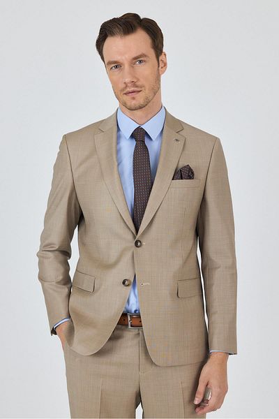 İmza Beige Mono Collar Plain 2 Button Classic Wool Slim Fit Suit 1001250175