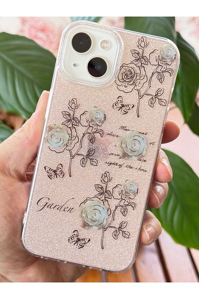 Fibaks حافظة متوافقة مع هاتف Apple iPhone 13/14، غطاء ممتص للصدمات لامع وملون بنمط وردة بيضاء فضية