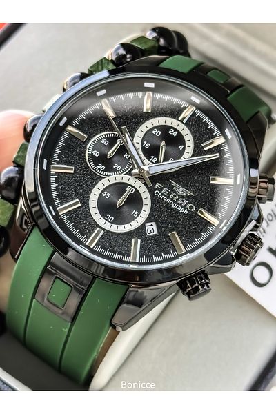 FERRO Sport Men's Watch, Active Functions, Green Silicone, with Calendar, Bracelet Gift