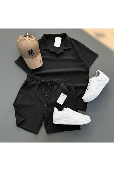 WEARTEX Ribbed Ottoman Fabric Polo Neck Unisex T-Shirt and Shorts Set