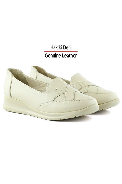 Erkan Saçmacı Mammina Beige Genuine Leather Slip-On Casual Shoes with Cross Strap Detail