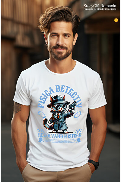 StoryGift Romania Tricou Barbati Pisica Detectiv Rezolvand Mistere - Sherlock Cat Cu Imprimeu Pe Fata, 100% Stg