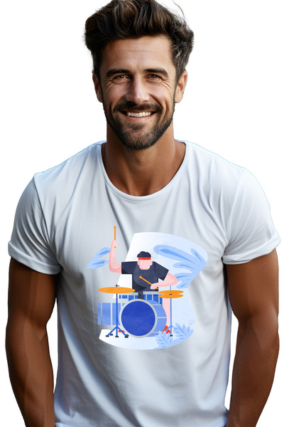 StoryGift Romania Tricou Barbati Cu Tobosar, Tobe, Bete, Muzica, Cu Imprimeu Pe Spate, 100% Bumbac, Alb, M Stg