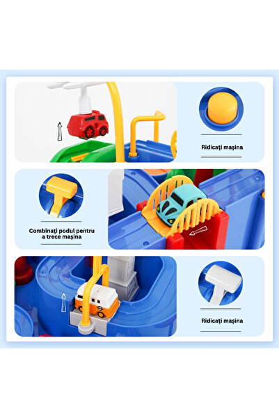 Velixo Pistă de jucărie pentru mașini, Cursă cu obstacole, 4 mașini, Butoane, Poliție, Pompieri, Autobuz, Elicopter, Interactiv