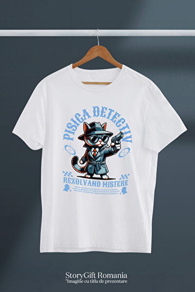 StoryGift Romania Tricou Barbati Pisica Detectiv Rezolvand Mistere - Sherlock Cat Cu Imprimeu Pe Fata, 100% Stg