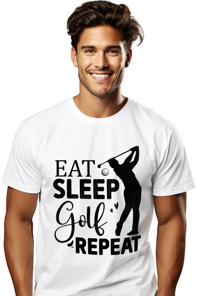 StoryGift Romania Tricou bărbătesc cu textul „mănâncă, dormi, golf, repetă” -...