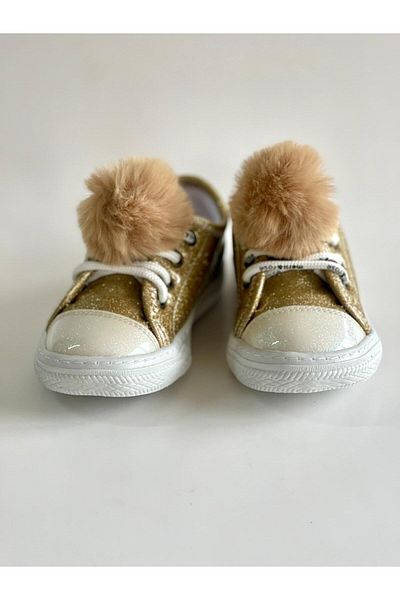 Merli&Rose Girl's Gold Glittery Pompom Sneakers |   Shiny Surface Laced Casual Model